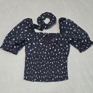 NWT Abercrombie & Fitch Shirt Smocked Puff Sleeve Blouse Top & Scrunchie Size XS